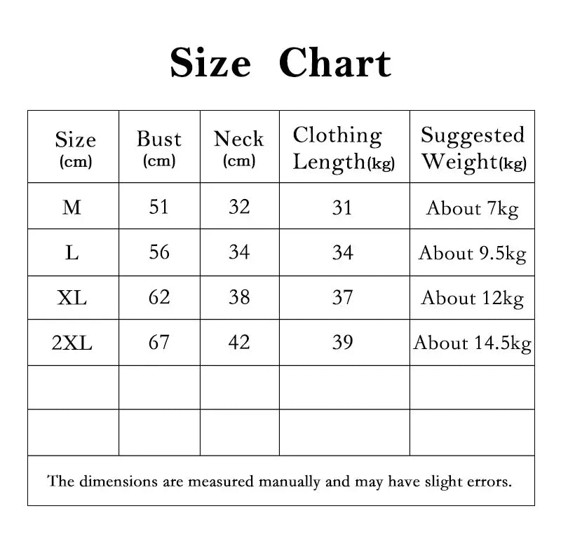 Warm dog winter jacket size chart for M to 2XL with bust, neck, clothing length, and suggested weight