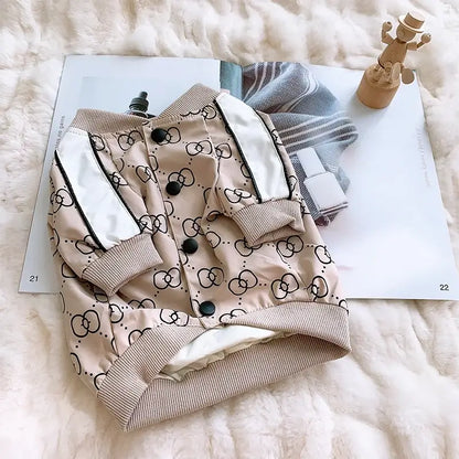 White warm dog winter jacket for small dogs, polyester print bulldog puppy coat with designer luxury style