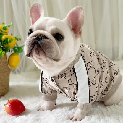 French bulldog wearing a warm dog winter jacket with designer print, comfortable and cozy for cold weather pet fashion