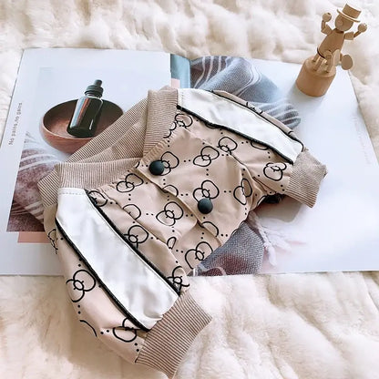 Warm dog winter jacket for dogs, beige printed puppy coat with buttons, cozy polyester pet clothing for winter comfort