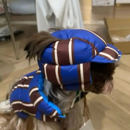 winter dog coat for small dogs blue striped cotton jacket with hat for small puppy or Bichon, warm autumn winter pet clothes