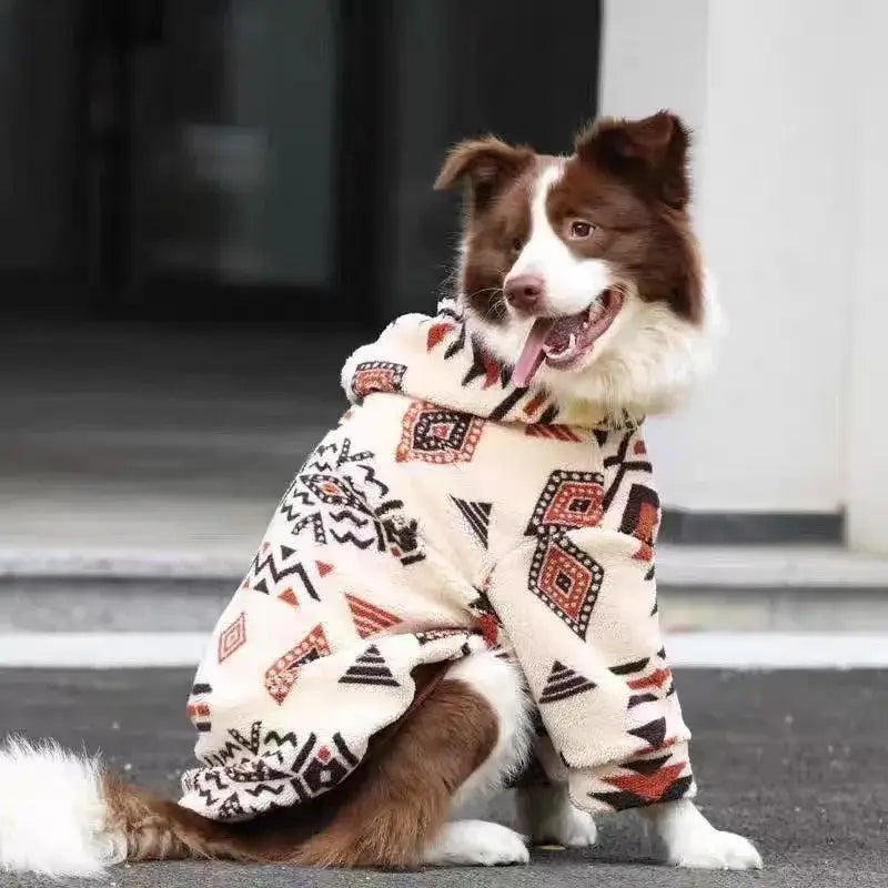 hooded dog winter coat beige sherpa fleece sweatshirt for medium and large dogs, retro cold weather pet apparel