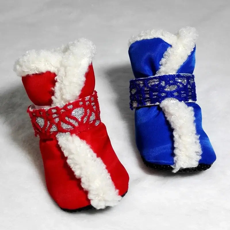 waterproof winter dog shoes, red and blue insulated pet boots with anti-slip soles for snow and rain