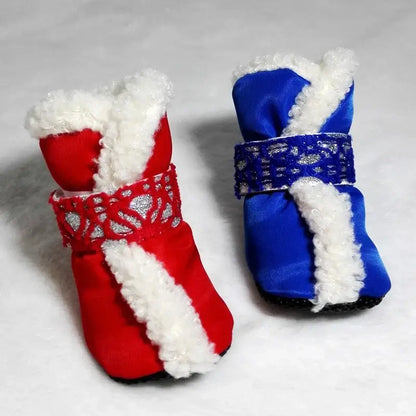 waterproof winter dog shoes, red and blue insulated pet boots with anti-slip soles for snow and rain