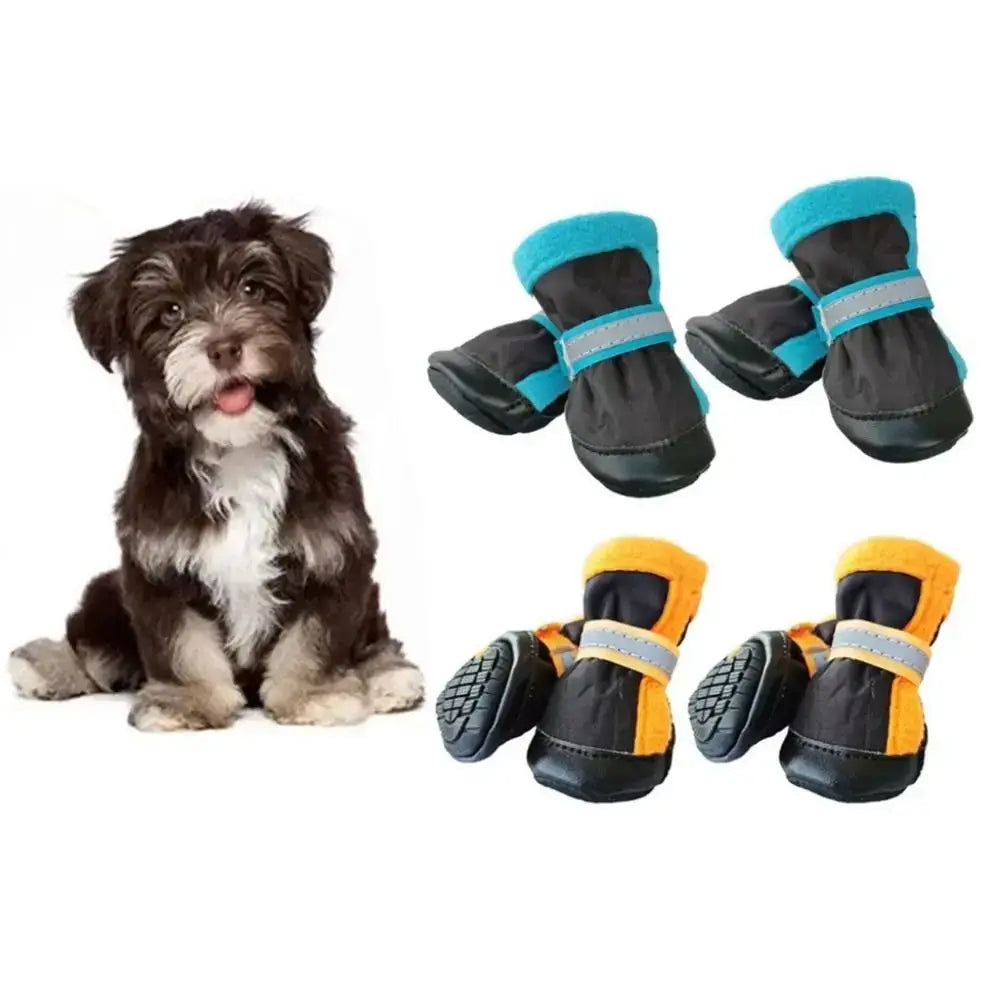4pcs winter dog boots for small dogs with reflective features and antiskid sole, displayed with a puppy.