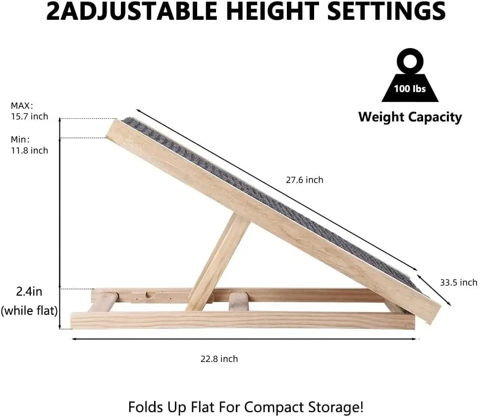 Adjustable wooden dog ladder with non-slip surface and foldable design, dimensions and weight capacity displayed.