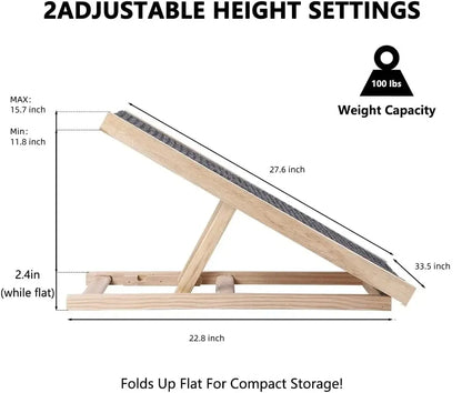 Adjustable wooden dog ladder with non-slip surface and foldable design, dimensions and weight capacity displayed.
