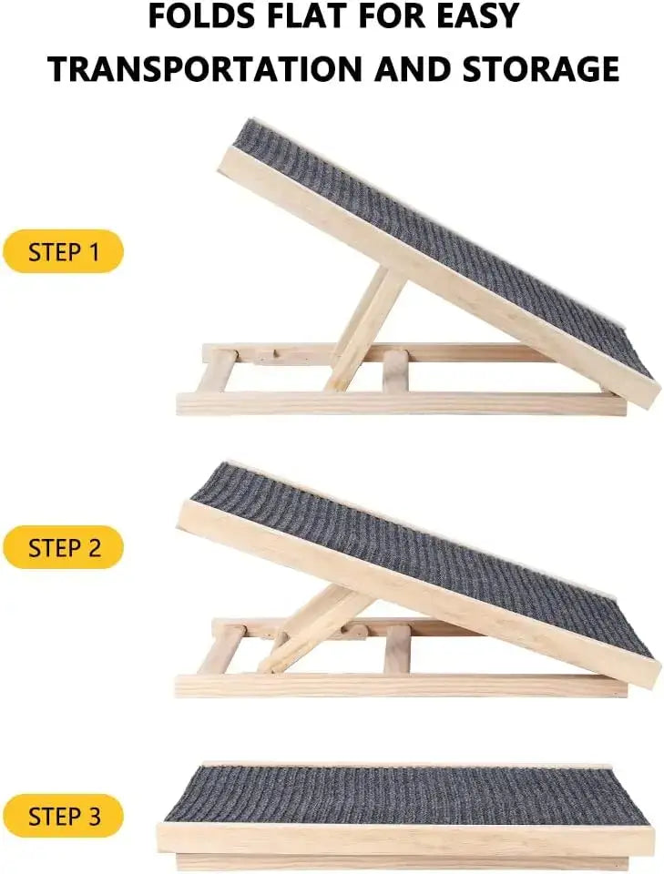 Adjustable wooden dog ladder shown in three steps of folding for easy transportation and storage.
