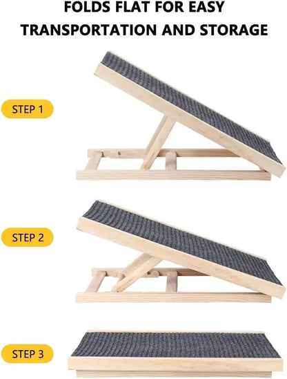 Adjustable wooden dog ladder shown in three steps of folding for easy transportation and storage.