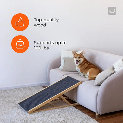 Adjustable wooden dog ladder supporting up to 100 lbs with a non-slip surface, featuring a dog on a couch.