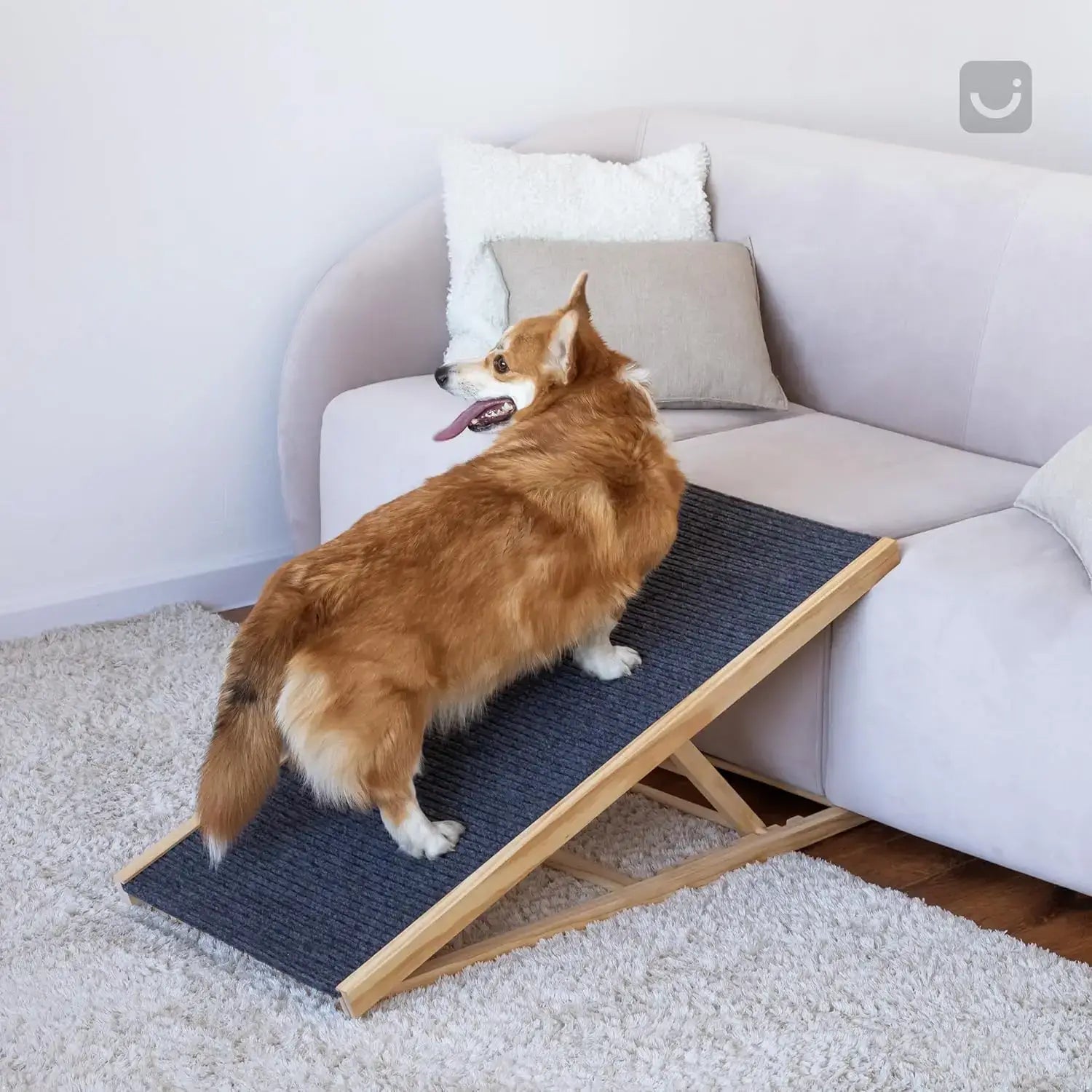 Adjustable wooden dog ladder for small dogs, featuring a non-slip surface and foldable design for easy access to the couch.