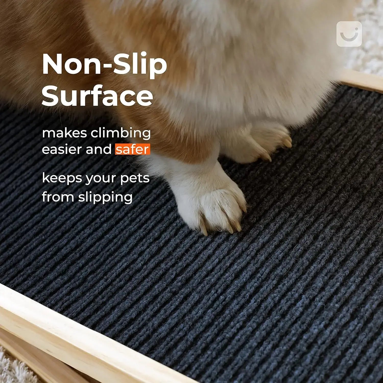 Non-Slip surface on adjustable wooden dog ladder for safe climbing and preventing slips.