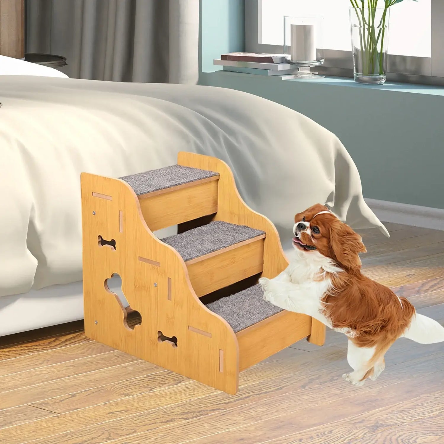 Wooden pet stairs for small dogs helping a dog climb onto bed with ease.