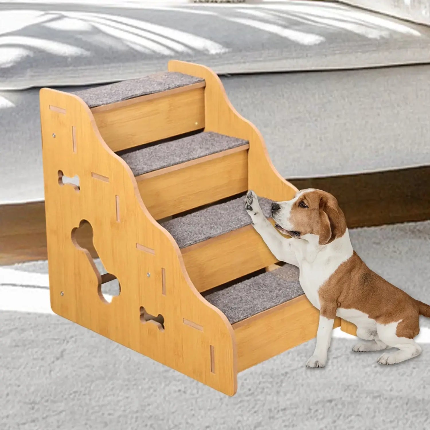 Wooden pet stairs for small dogs with non-slip steps, designed for easy climbing for pets like Beagles.