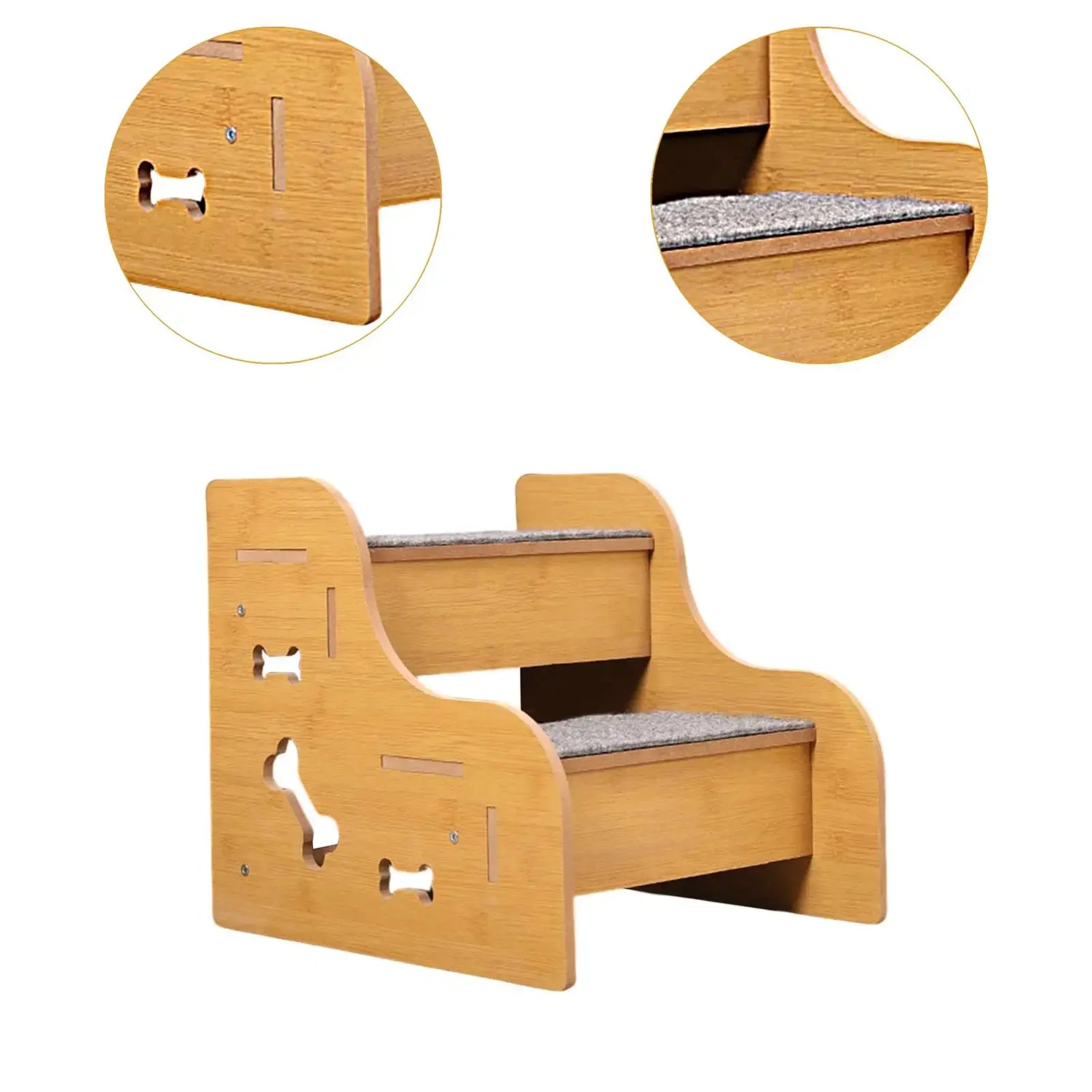 Wooden pet stairs for small dogs with non-slip surface and decorative bone cutouts, ideal for helping pets climb.