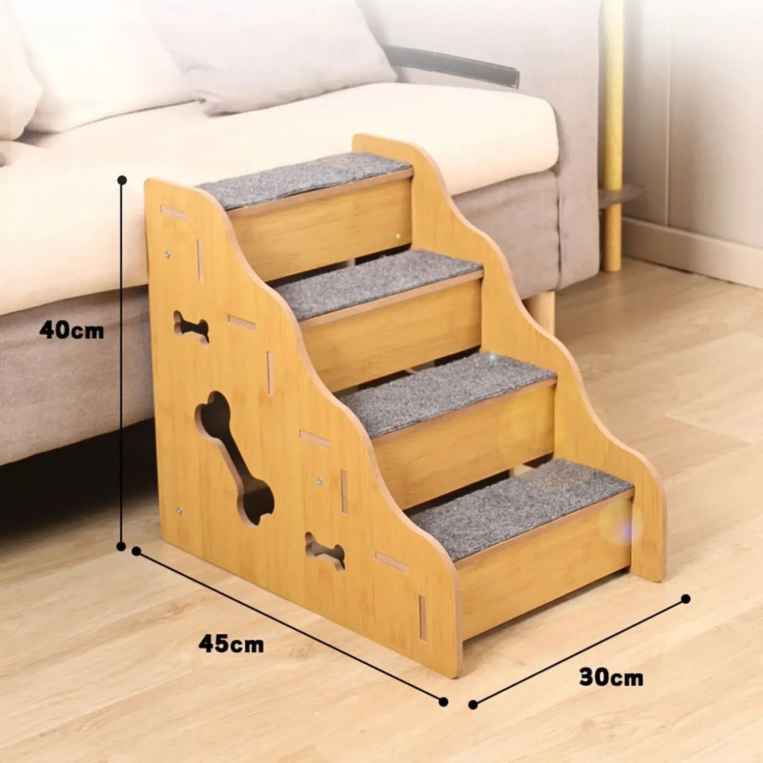 Wooden pet stairs for small dogs featuring 4 steps, non-slip surface, ideal for helping pets climb onto sofas or beds.