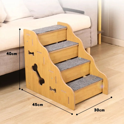 Wooden pet stairs for small dogs featuring 4 steps, non-slip surface, ideal for helping pets climb onto sofas or beds.