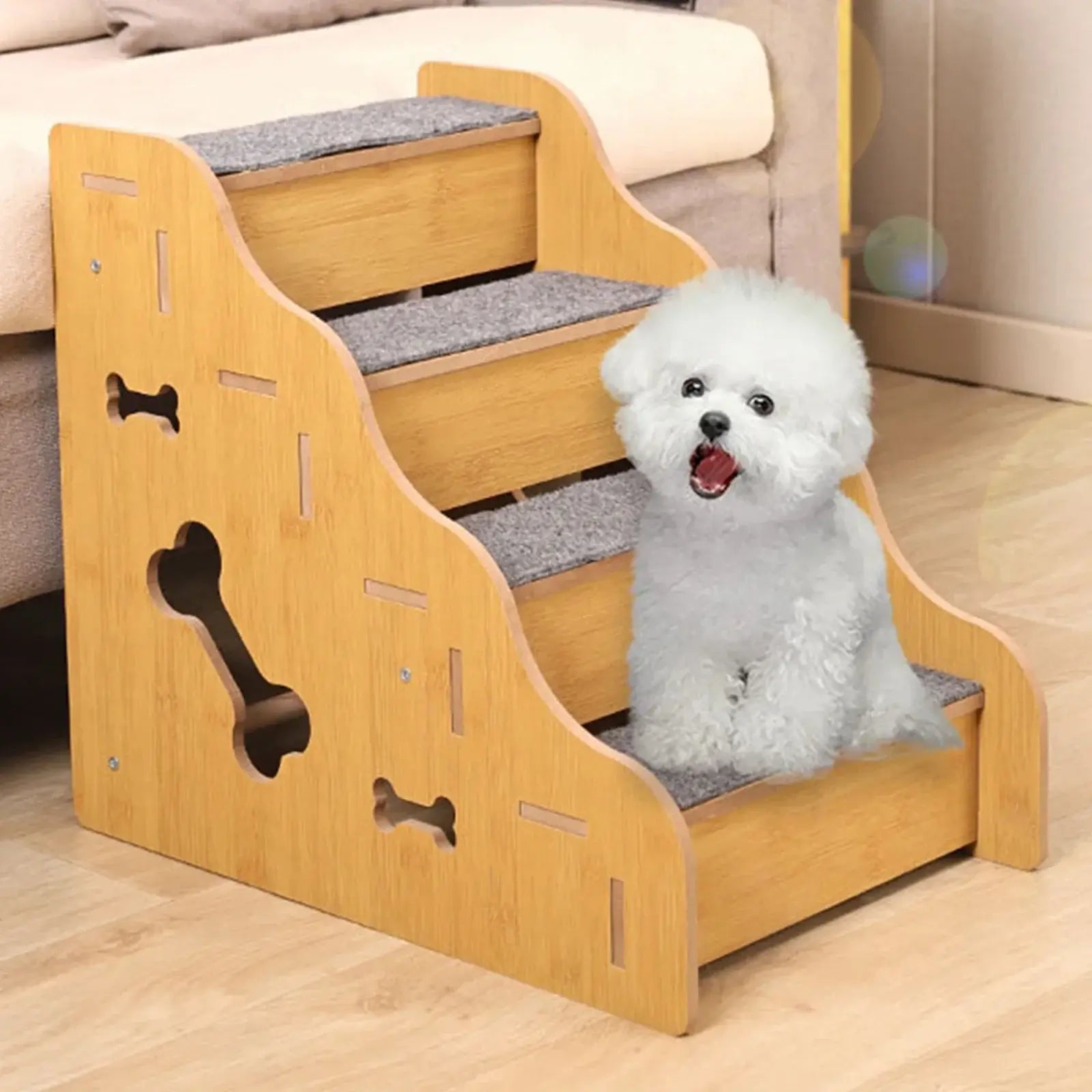 A small dog sitting on 2/3/4 step wooden pet stairs for small dogs, designed for easy access to elevated surfaces.