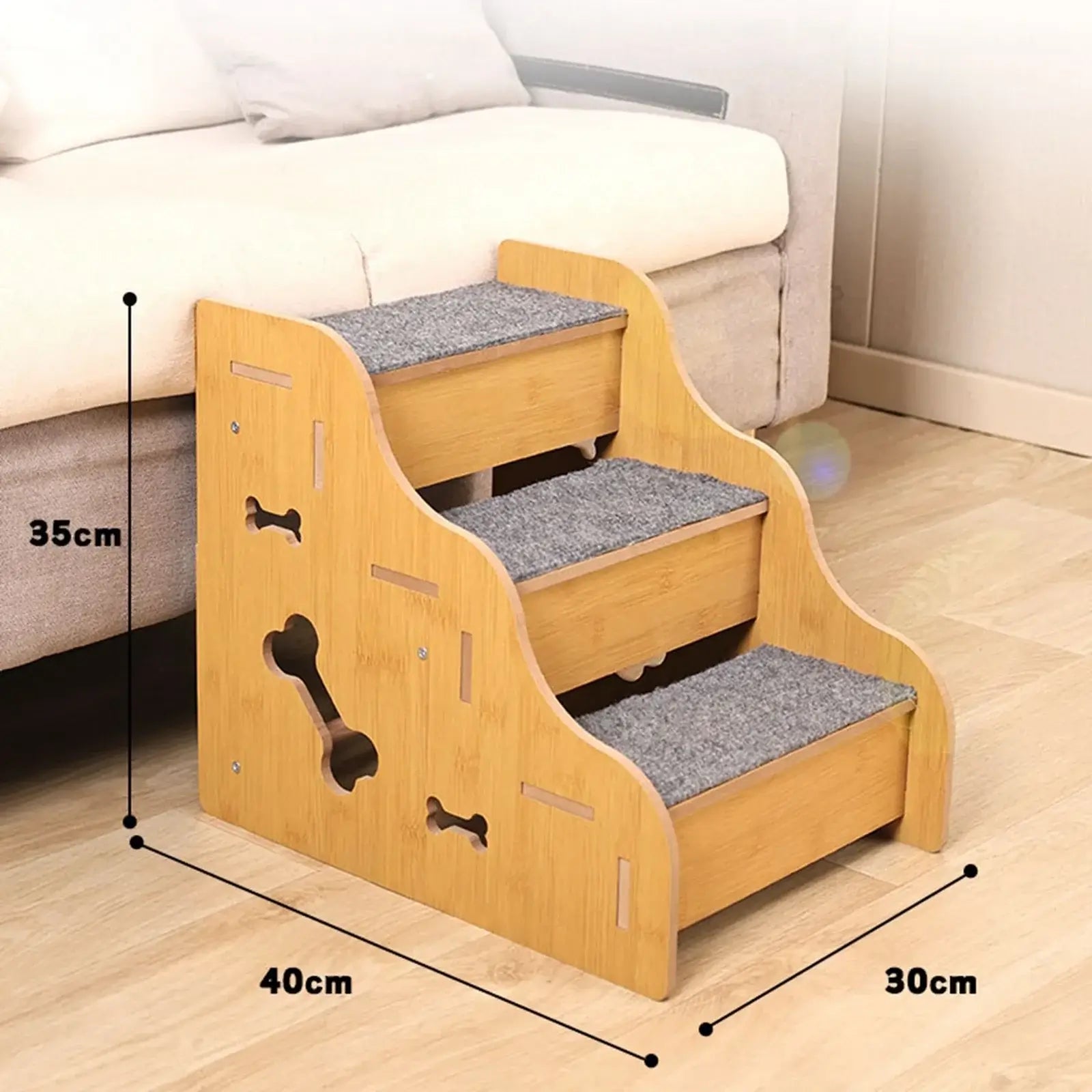 Wooden pet stairs for small dogs, 3-step design with non-slip surface, perfect for aiding pets in climbing onto furniture.