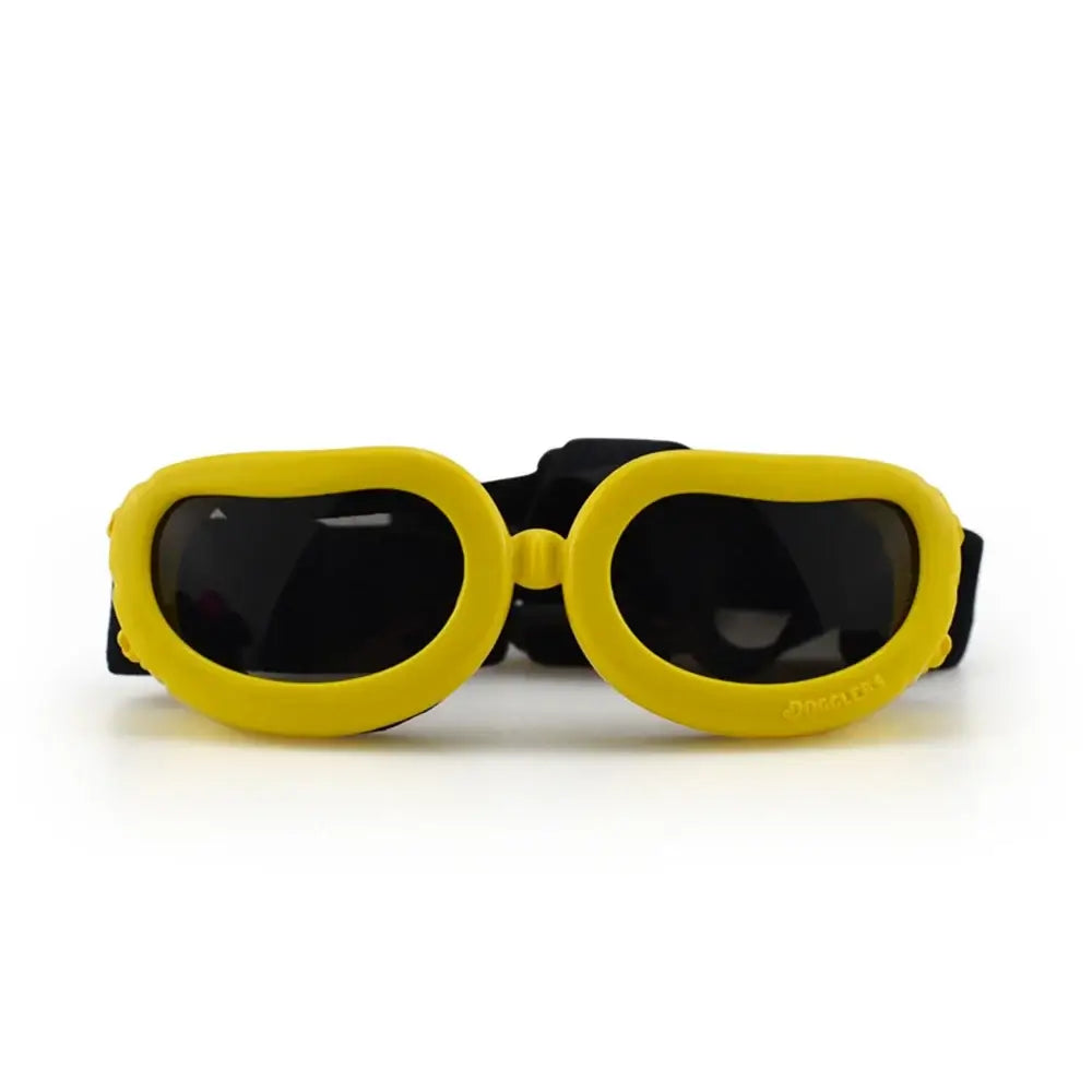 yellow dog sunglasses for small dogs with UV wind dust protection, adjustable strap pet glasses
